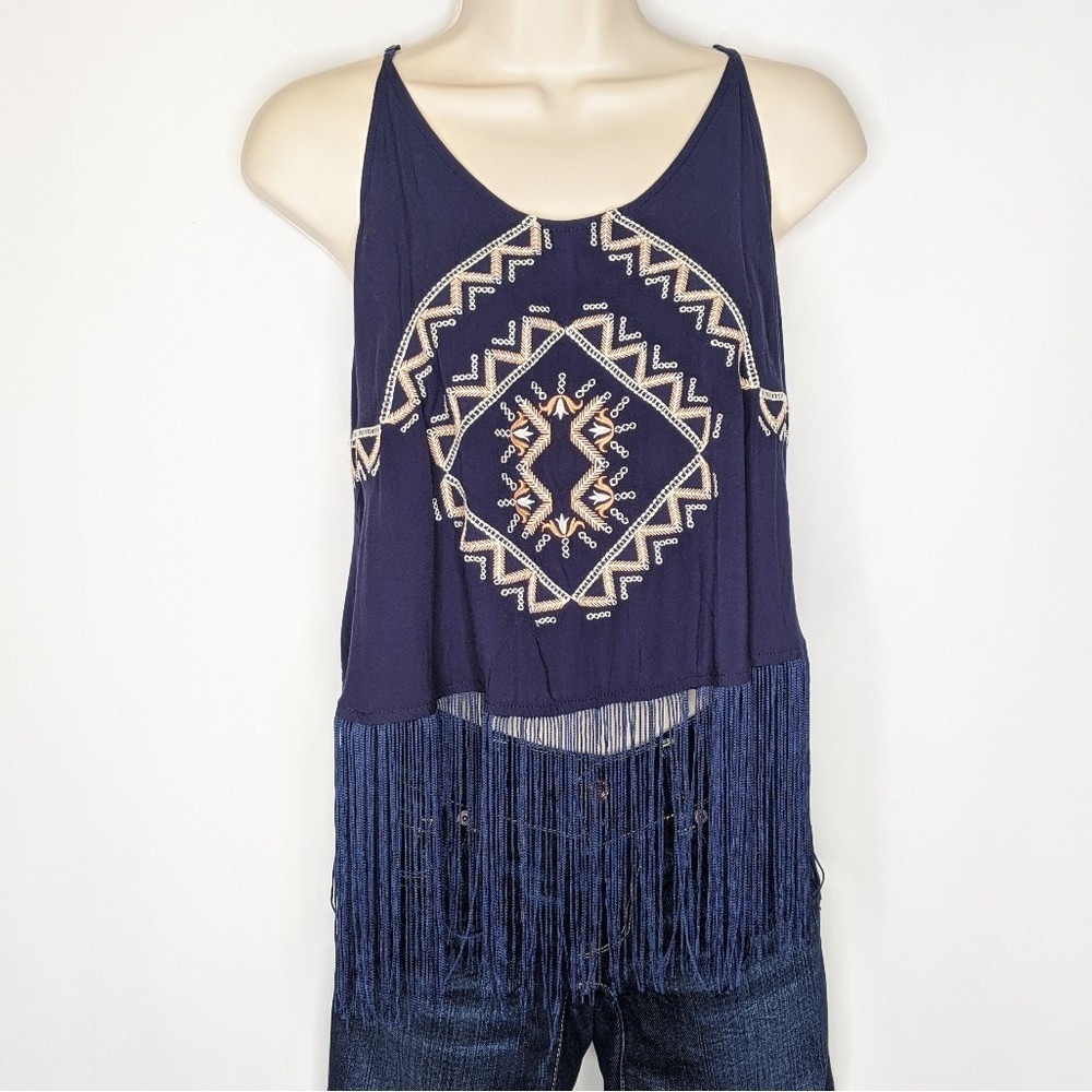 Jenna Hansen Navy Blue Embroidered Fringe Hem Cami Tank Top Boho Festival XS - Picture 3 of 10